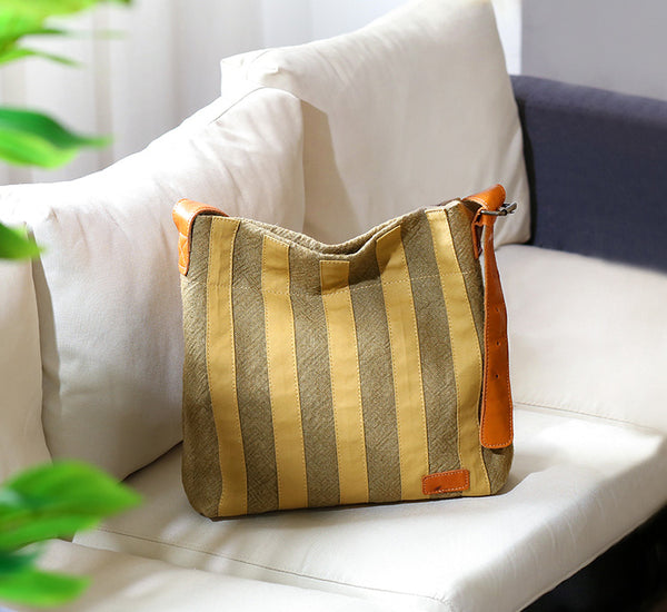 Womens Cotton Linen Shoulder Bag with Leather Trim Fits 13.28” Tablet Funky