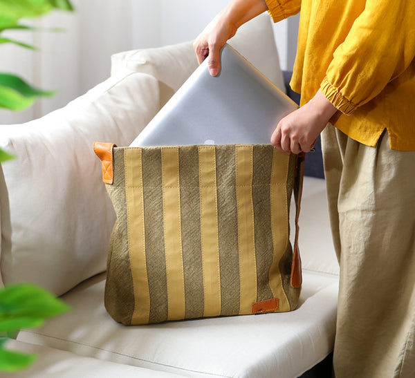 Womens Cotton Linen Shoulder Bag with Leather Trim Fits 13.29” Tablet Functional