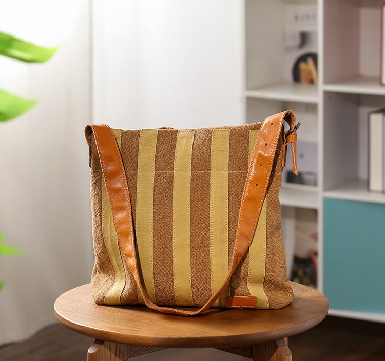 Womens Cotton Linen Shoulder Bag with Leather Trim Fits 13.31” Tablet Gift