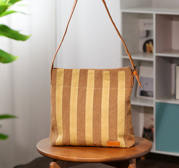 Womens Cotton Linen Shoulder Bag with Leather Trim Fits 13.32” Tablet Gift idea