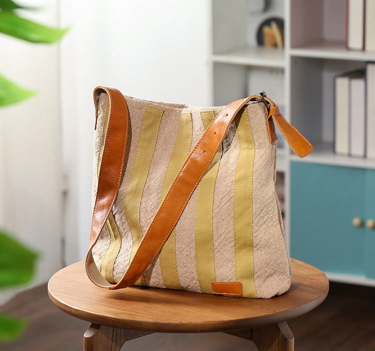 Womens Cotton Linen Shoulder Bag with Leather Trim Fits 13.38” Tablet Nice