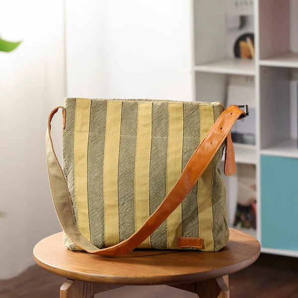 Womens Cotton Linen Shoulder Bag with Leather Trim Fits 13.5” Tablet Affordable