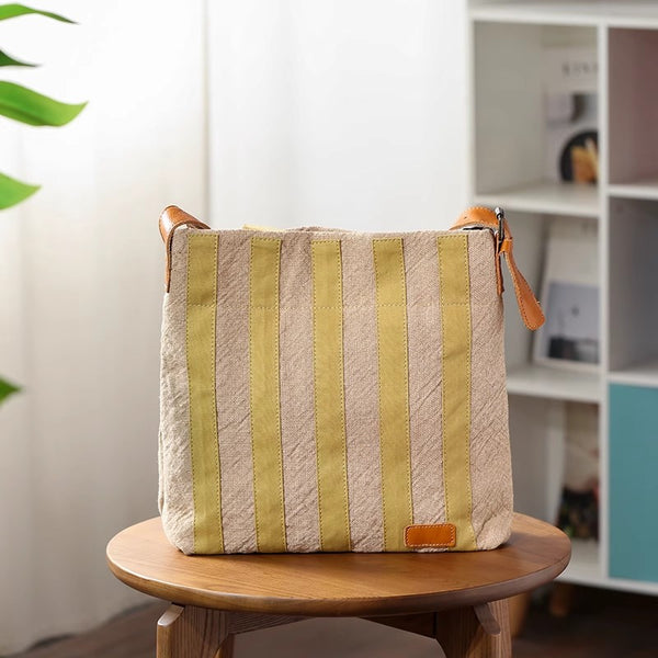 Womens Cotton Linen Shoulder Bag with Leather Trim Fits 13.8” Tablet Beautiful