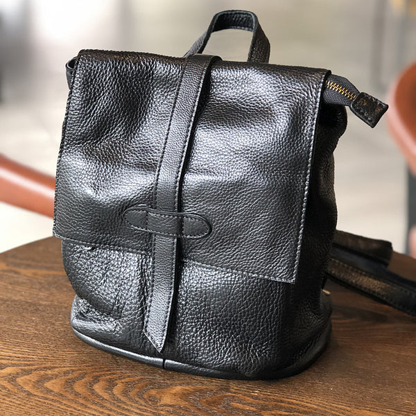 Womens Genuine Leather Backpack Purse-Casual Soft Leather Daypack with Flap Cover Black
