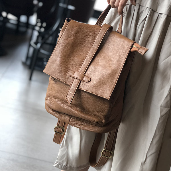 Womens Genuine Leather Backpack Purse-Casual Soft Leather Daypack with Flap Cover Brown