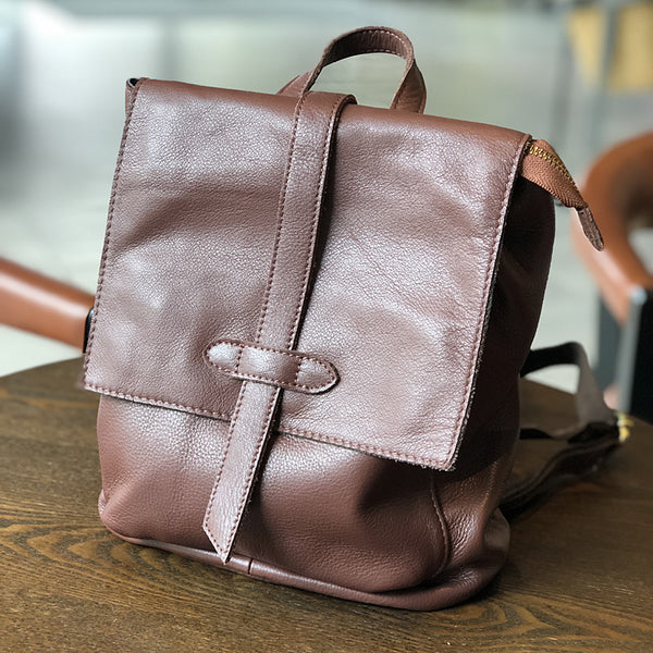 Womens Genuine Leather Backpack Purse-Casual Soft Leather Daypack with Flap Cover Casual