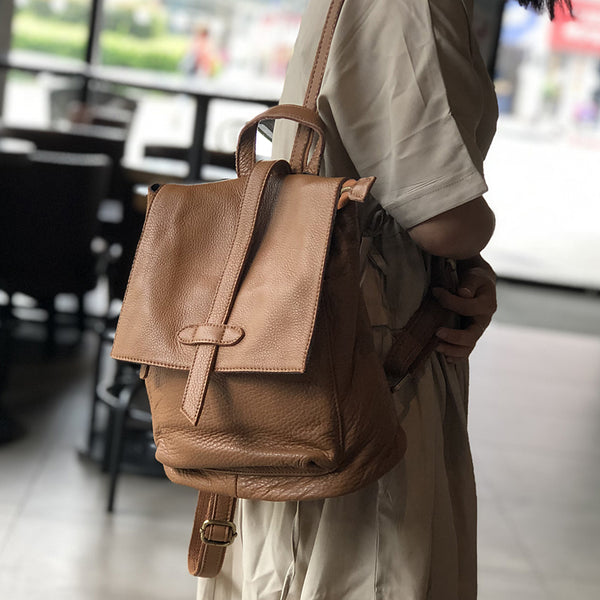 Womens Genuine Leather Backpack Purse-Casual Soft Leather Daypack with Flap Cover