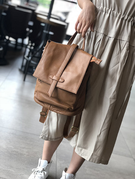 Womens Genuine Leather Backpack Purse-Casual Soft Leather Daypack with Flap Cover Classic
