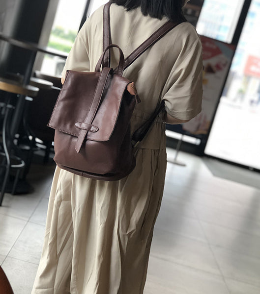 Womens Genuine Leather Backpack Purse-Casual Soft Leather Daypack with Flap Cover Cute