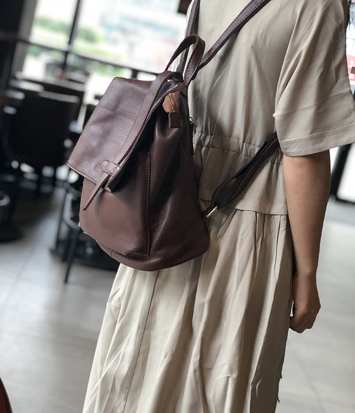Ladies Soft Leather Backpack Purse Genuine Leather Casual Daypack with Back Zipper Pockets