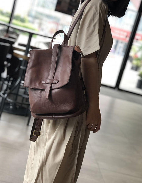 Womens Genuine Leather Backpack Purse-Casual Soft Leather Daypack with Flap Cover Funky