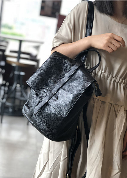 Womens Genuine Leather Backpack Purse-Casual Soft Leather Daypack with Flap Cover Genuine-Leather