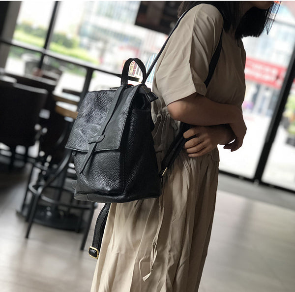 Vintage Leather Backpack for Women Soft Genuine Leather Casual Shoulder Bag with Zipper and Flap