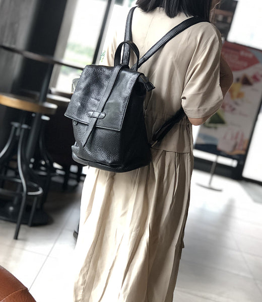 Womens Genuine Leather Backpack Purse-Casual Soft Leather Daypack with Flap Cover Minimalist