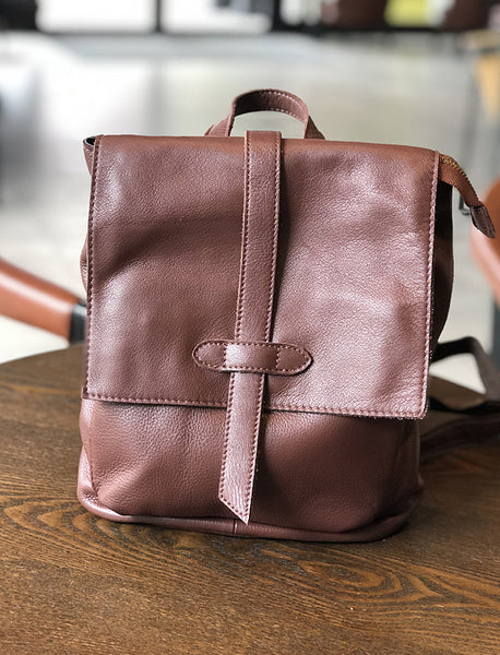 Womens Genuine Leather Backpack Purse-Casual Soft Leather Daypack with Flap Cover Small