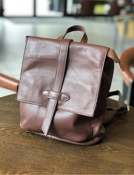 Womens Genuine Leather Backpack Purse-Casual Soft Leather Daypack with Flap Cover Stylish