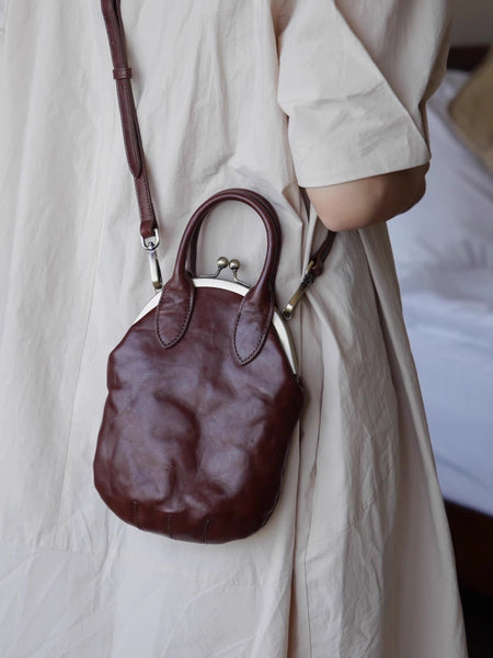 Womens Genuine Leather Frame Clutch Purse Retro Phone Bag for Women with Shoulder Strap Gift-idea