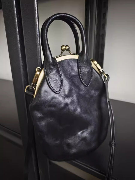 Womens Genuine Leather Frame Clutch Purse Retro Phone Bag for Women with Shoulder Strap Mini