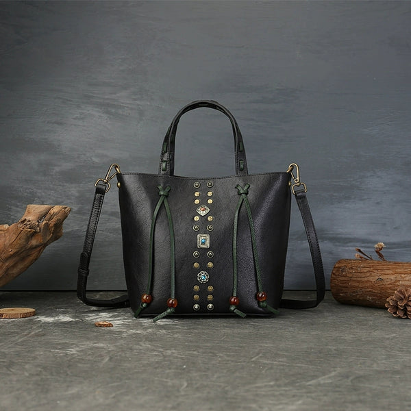 Womens Handmade Genuine Leather Tote Bucket Bag with Studs Vintage Top-Handle Crossbody Purse Affordable