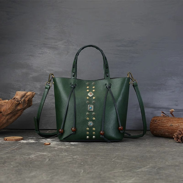 Womens Handmade Genuine Leather Tote Bucket Bag with Studs Vintage Top-Handle Crossbody Purse Badass
