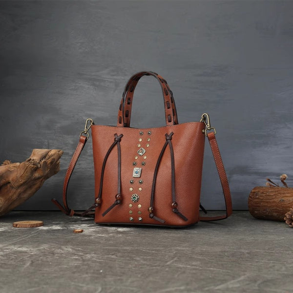 Womens Handmade Genuine Leather Tote Bucket Bag with Studs Vintage Top-Handle Crossbody Purse Beautiful