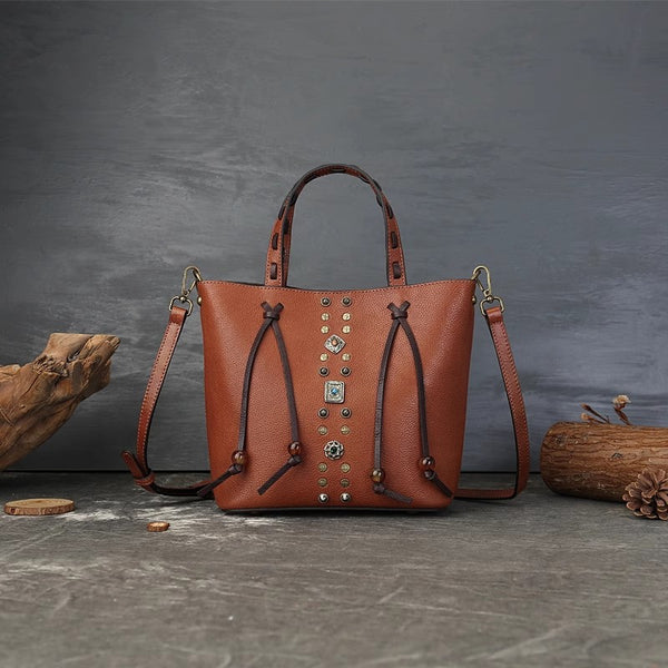 Womens Handmade Genuine Leather Tote Bucket Bag with Studs Vintage Top-Handle Crossbody Purse Brown
