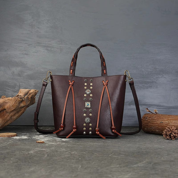 Womens Handmade Genuine Leather Tote Bucket Bag with Studs Vintage Top-Handle Crossbody Purse Chic