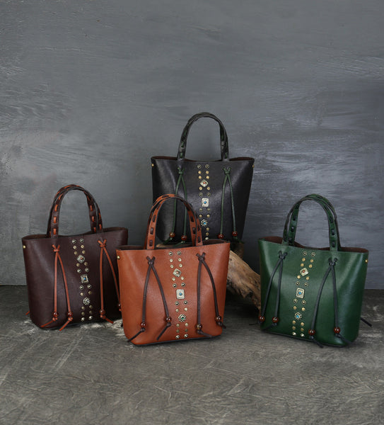 Genuine Leather Crossbody Tote Bag Retro Stud Embellished Bucket Purse with Handle