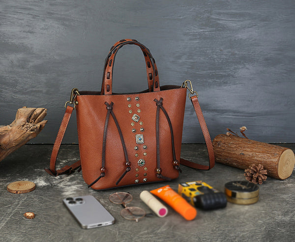 Womens Handmade Genuine Leather Tote Bucket Bag with Studs Vintage Top-Handle Crossbody Purse Classy
