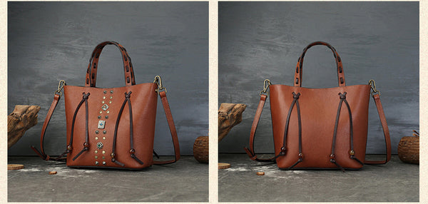 Womens Handmade Genuine Leather Tote Bucket Bag with Studs Vintage Top-Handle Crossbody Purse Cool