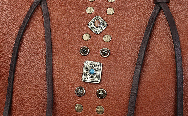 Womens Handmade Genuine Leather Tote Bucket Bag with Studs Vintage Top-Handle Crossbody Purse Cowhide