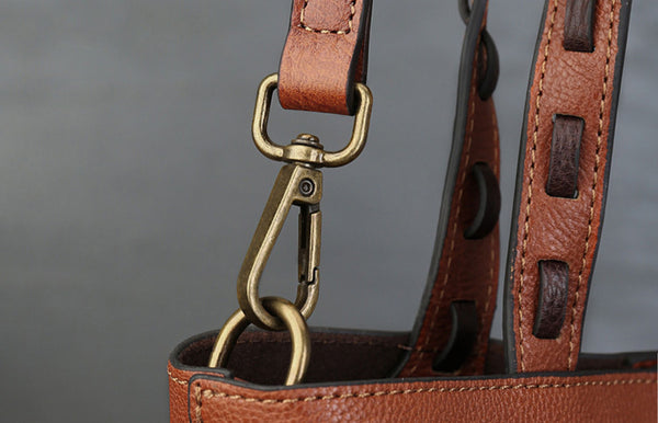Womens Handmade Genuine Leather Tote Bucket Bag with Studs Vintage Top-Handle Crossbody Purse Durable