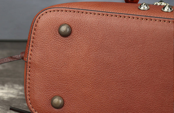 Womens Handmade Genuine Leather Tote Bucket Bag with Studs Vintage Top-Handle Crossbody Purse Minimalist