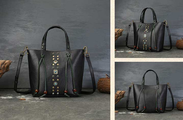 Womens Handmade Genuine Leather Tote Bucket Bag with Studs Vintage Top-Handle Crossbody Purse Nice