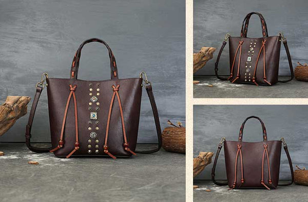 Womens Handmade Genuine Leather Tote Bucket Bag with Studs Vintage Top-Handle Crossbody Purse Original