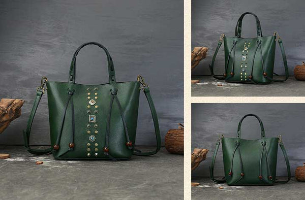Womens Handmade Genuine Leather Tote Bucket Bag with Studs Vintage Top-Handle Crossbody Purse Quality