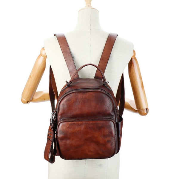 Womens Mini Leather Rucksack Shoulder Bag Leather Backpack Purse For Women Brown
