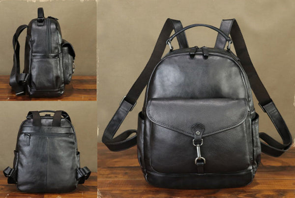 Vintage Womens Small Leather Black Backpack Bag Leather Rucksack