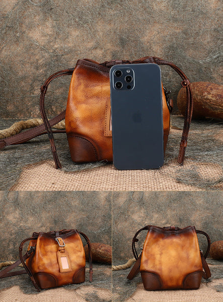 Ladies Genuine Leather Bucket Bags Brown Shoulder Bag