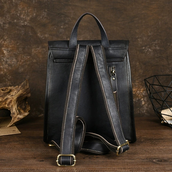 Womens Vintage Leather Rucksack Backpack Ladies Black Leather Backpack Bag Black