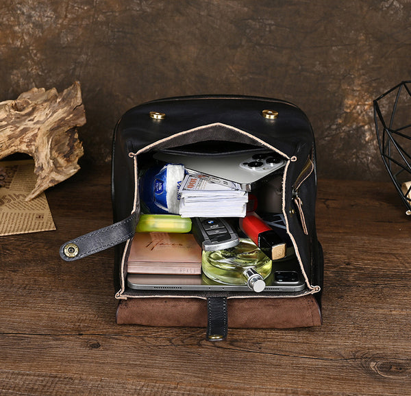 Womens Vintage Leather Rucksack Backpack Ladies Black Leather Backpack Bag Capacity