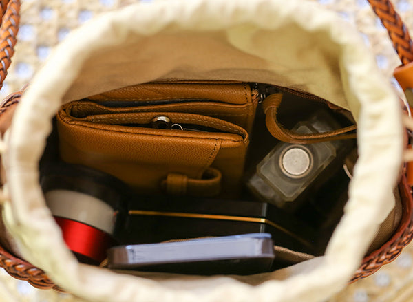 Womens Woven Genuine Leather Bucket Bags Top Handle Handbag Capacity