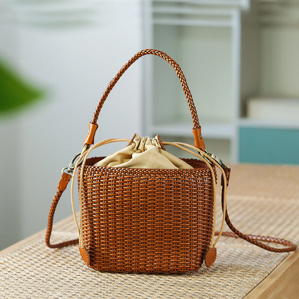 Womens Woven Genuine Leather Bucket Bags Top Handle Handbag