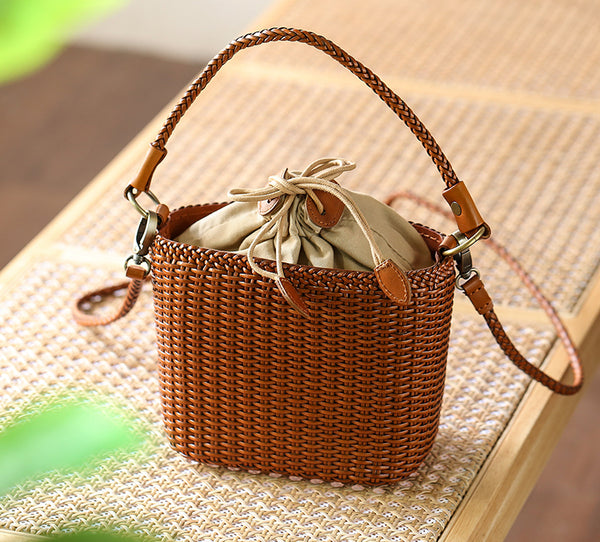 Womens Woven Genuine Leather Bucket Bags Top Handle Handbag Classy