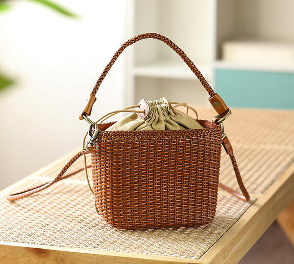 Womens Woven Genuine Leather Bucket Bags Top Handle Handbag Details