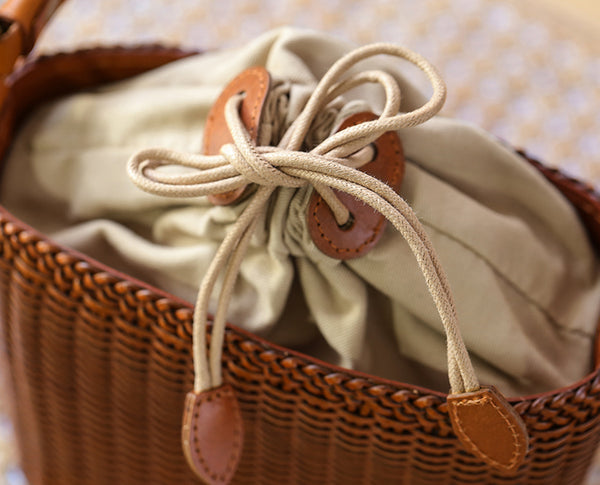 Womens Woven Genuine Leather Bucket Bags Top Handle Handbag Durable