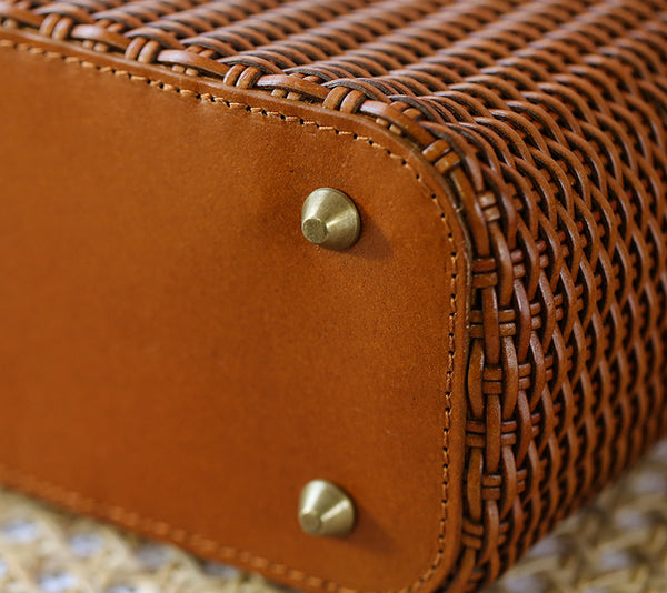 Womens Woven Genuine Leather Bucket Bags Top Handle Handbag Handmade