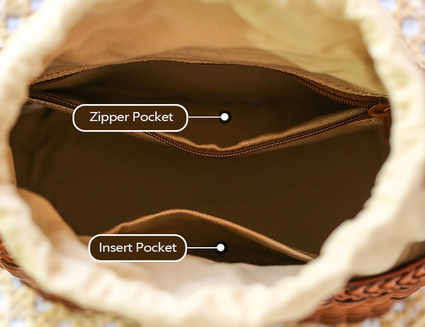 Womens Woven Genuine Leather Bucket Bags Top Handle Handbag Inside