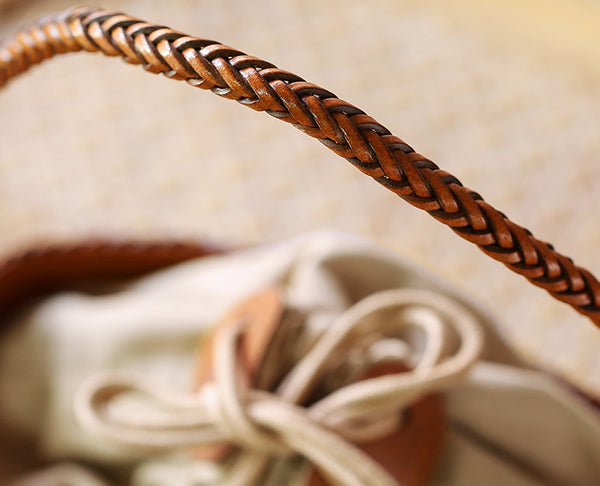 Womens Woven Genuine Leather Bucket Bags Top Handle Handbag Quality