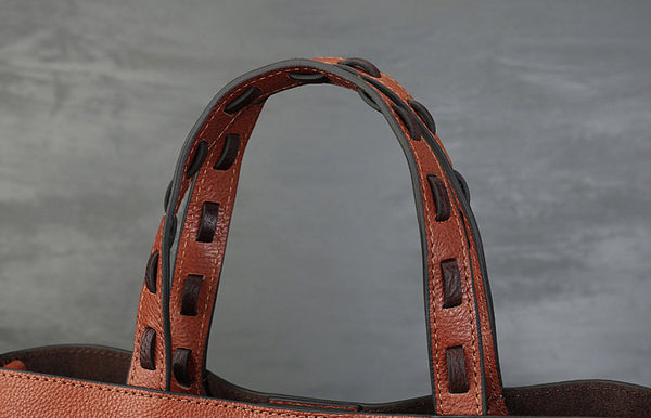 Womens Handmade Genuine Leather Tote Bucket Bag with Studs Vintage Top-Handle Crossbody Purse Stylish